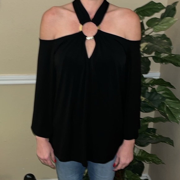 Michael Kors, black cold shoulder flared sleeve shirt - Picture 4 of 11